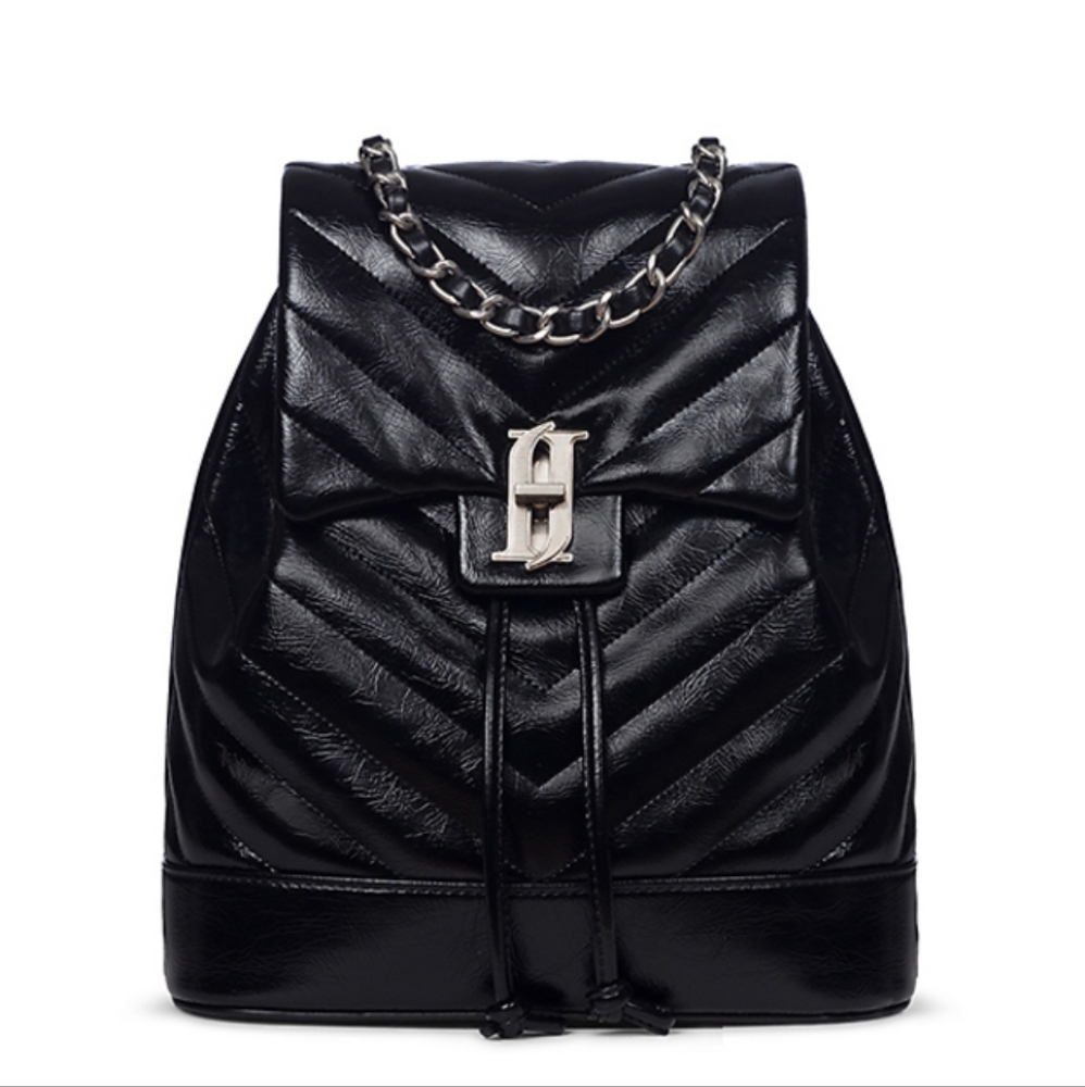 J. Estina Minon Small Flap Backpack Quilted Backpack Chain Strap Silver Black